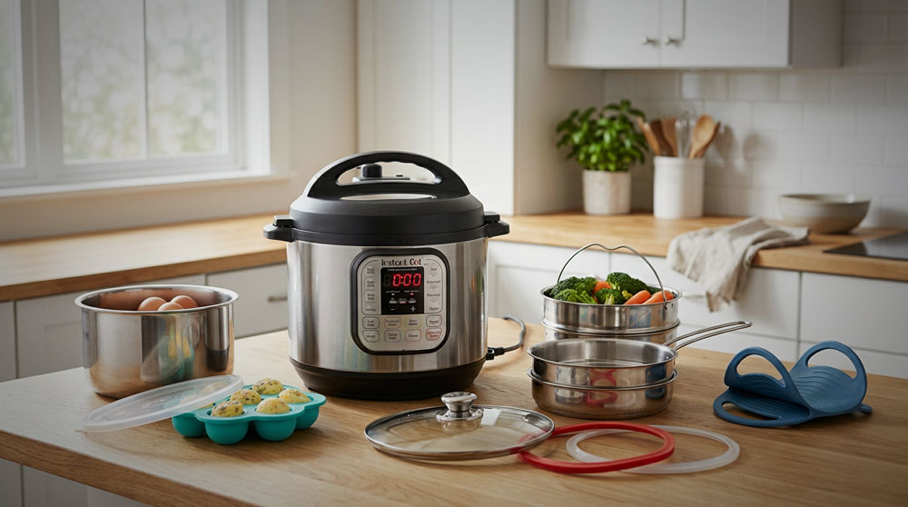 Instant Pot on a clean kitchen counter with lid, inner pot, and accessories visible