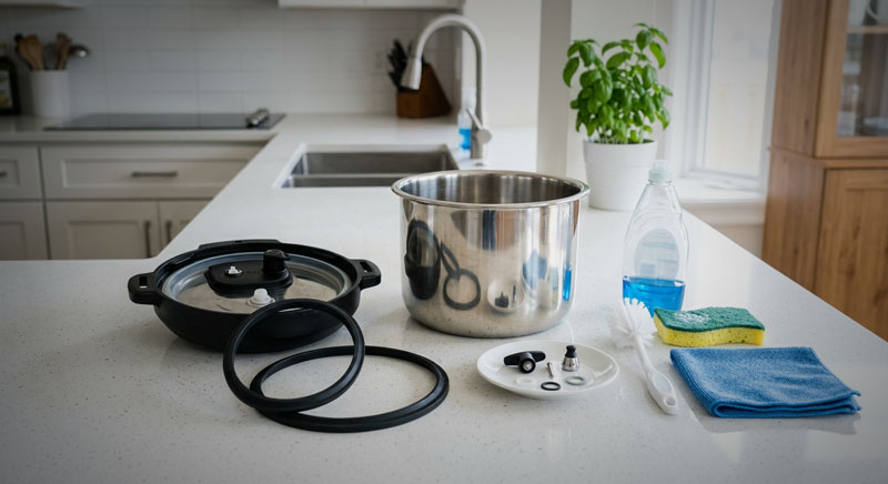 Cleaning supplies next to disassembled Instant Pot lid, sealing ring, and inner pot