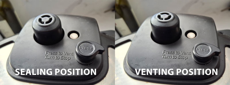 Labeled top view of Instant Pot lid showing steam release valve in Sealing and Venting positions
