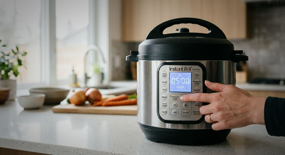 Fingers touching the control panel on an Instant Pot